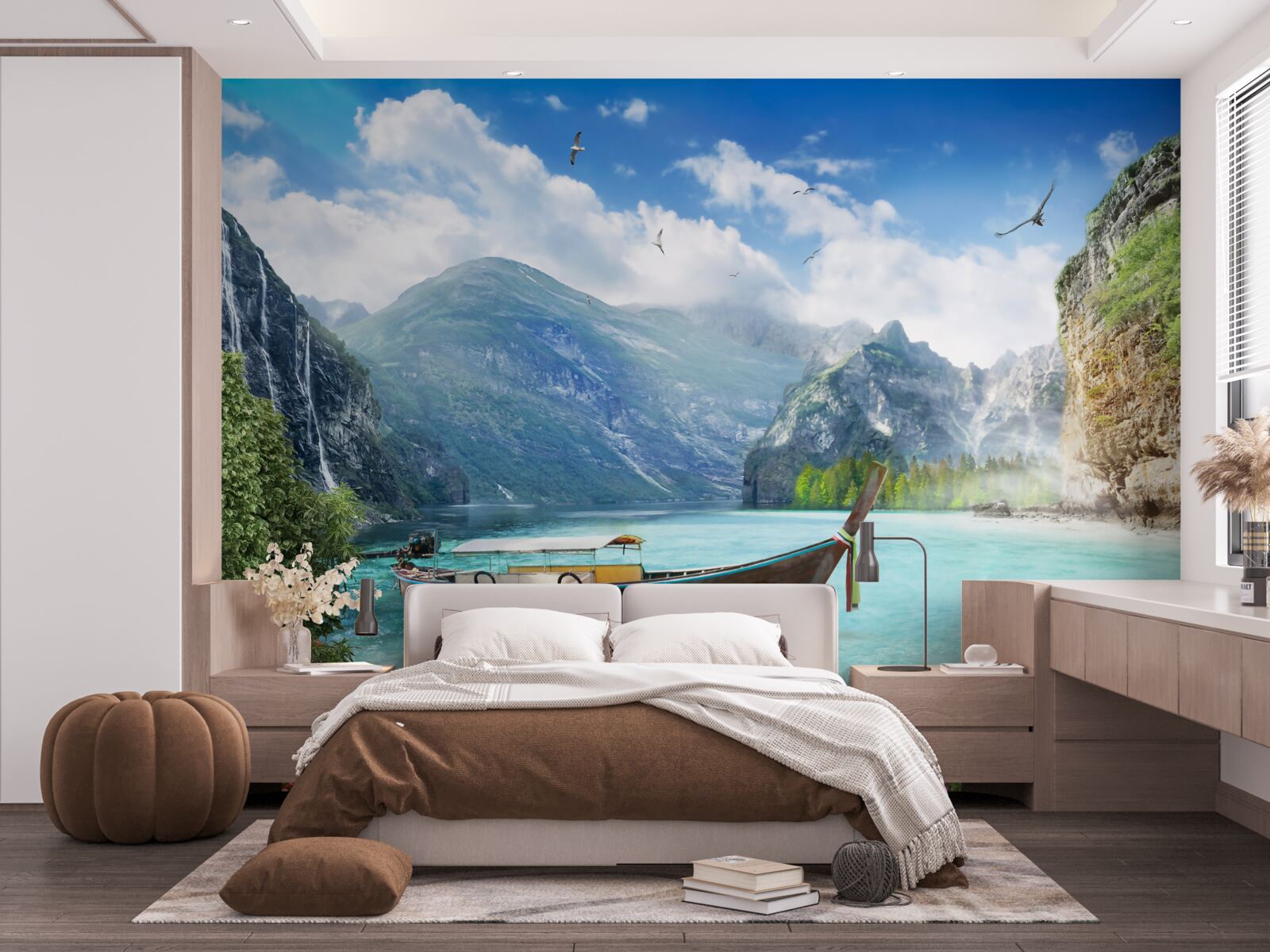 Papier peint bateau sur un lac dans les montagnes