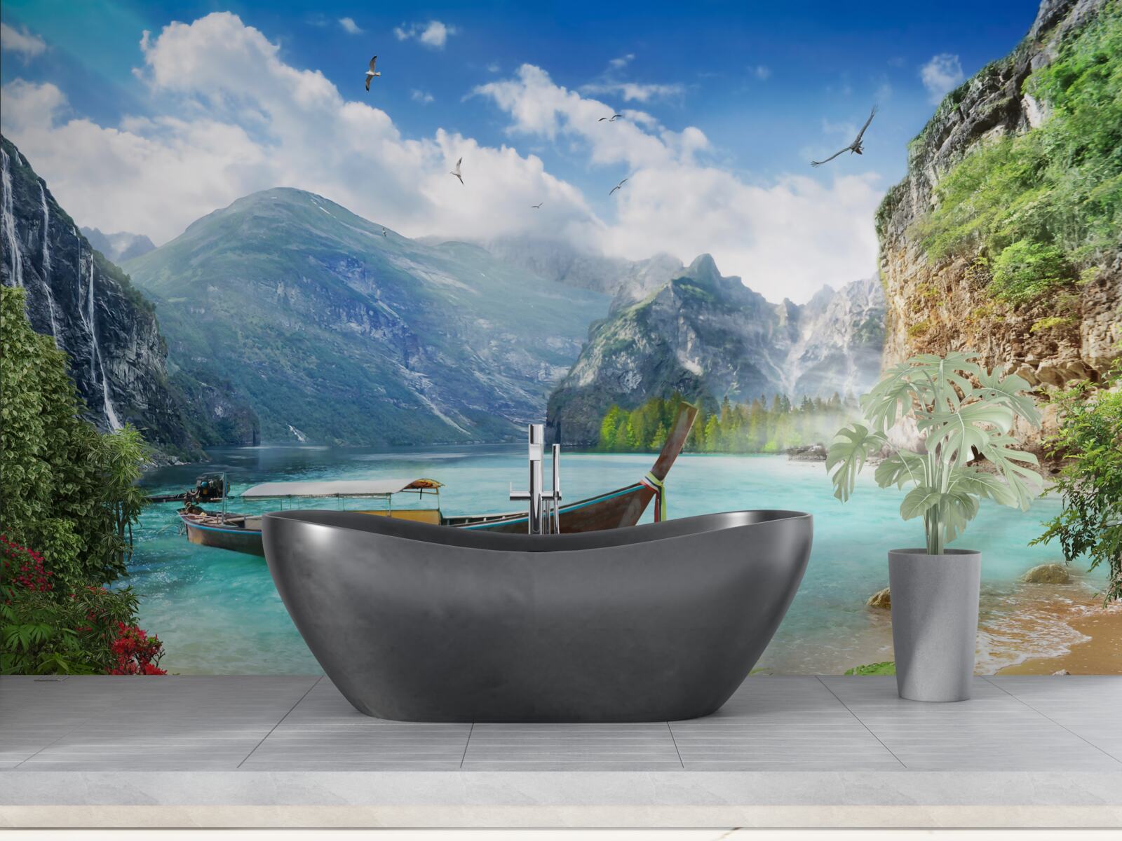Papier peint bateau sur un lac dans les montagnes