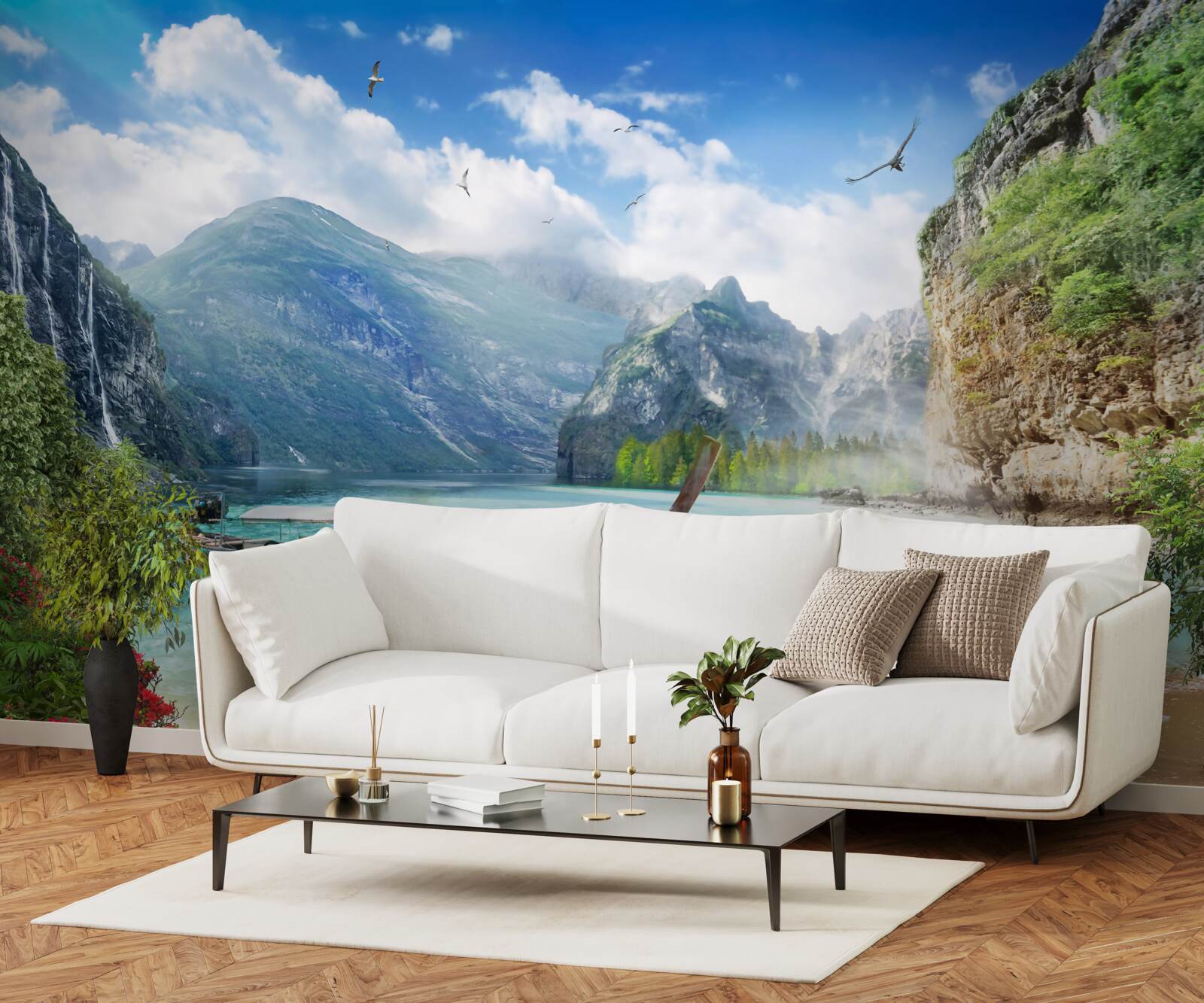 Papier peint bateau sur un lac dans les montagnes