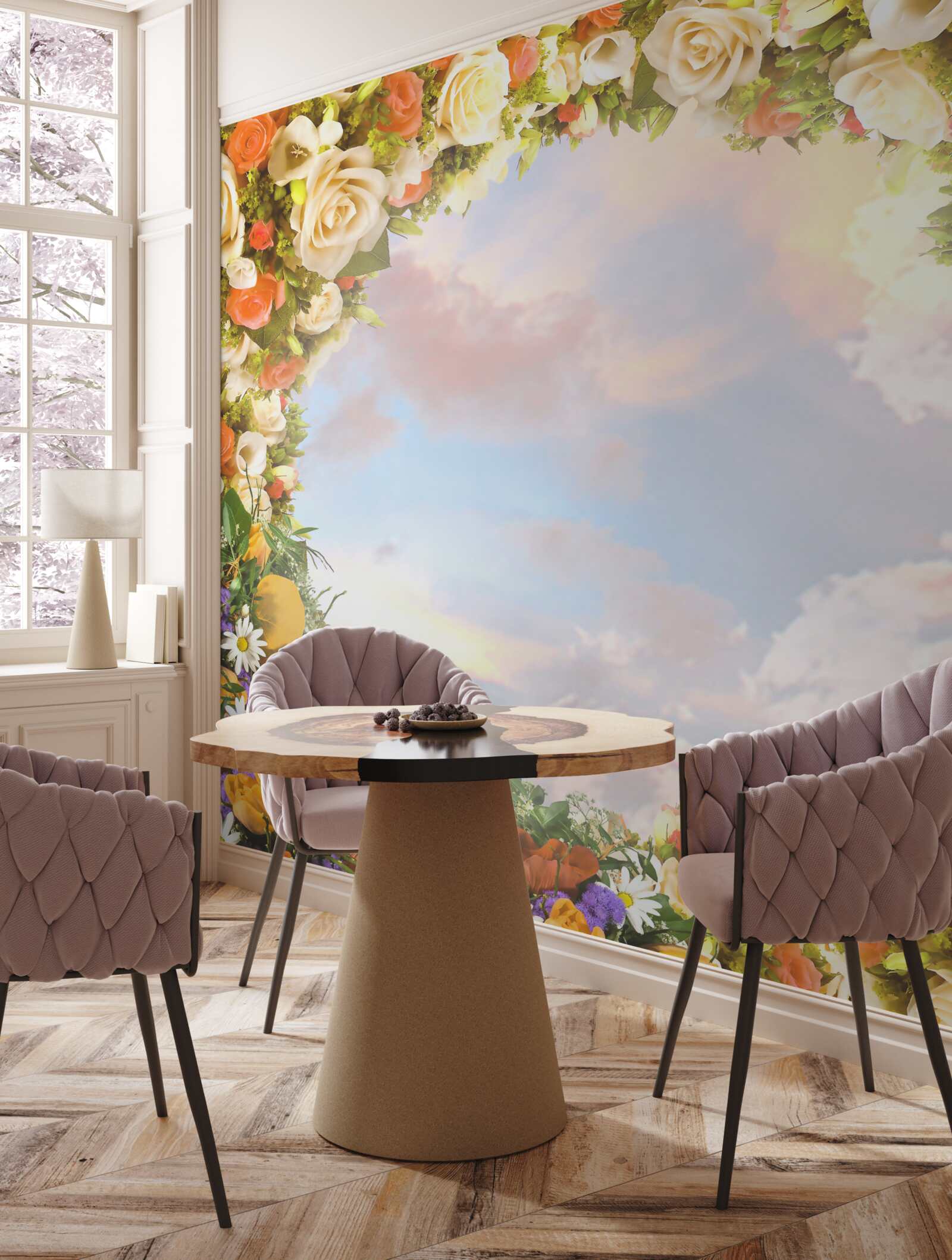 Papier peint un ciel entouré de fleurs