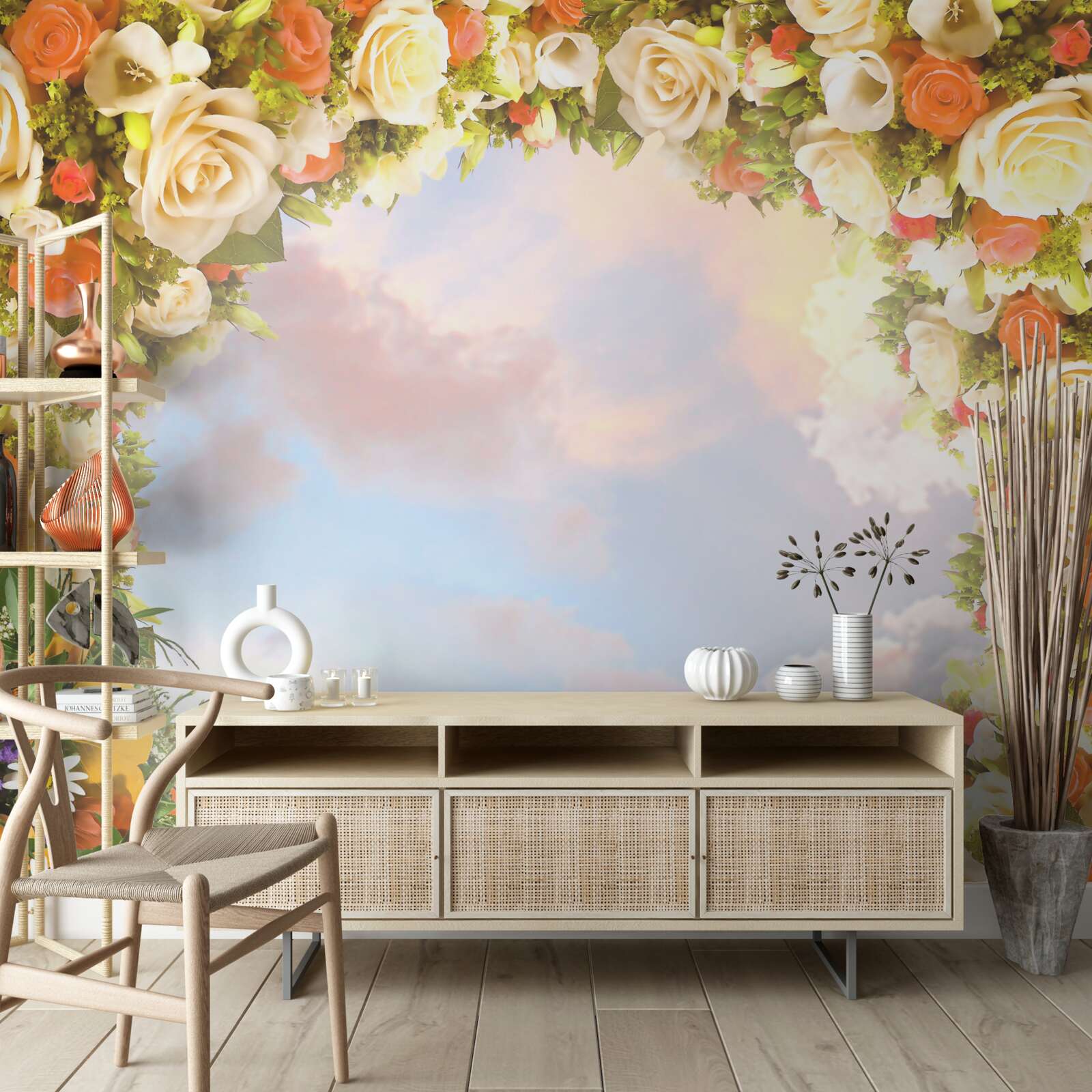 Papier peint un ciel entouré de fleurs