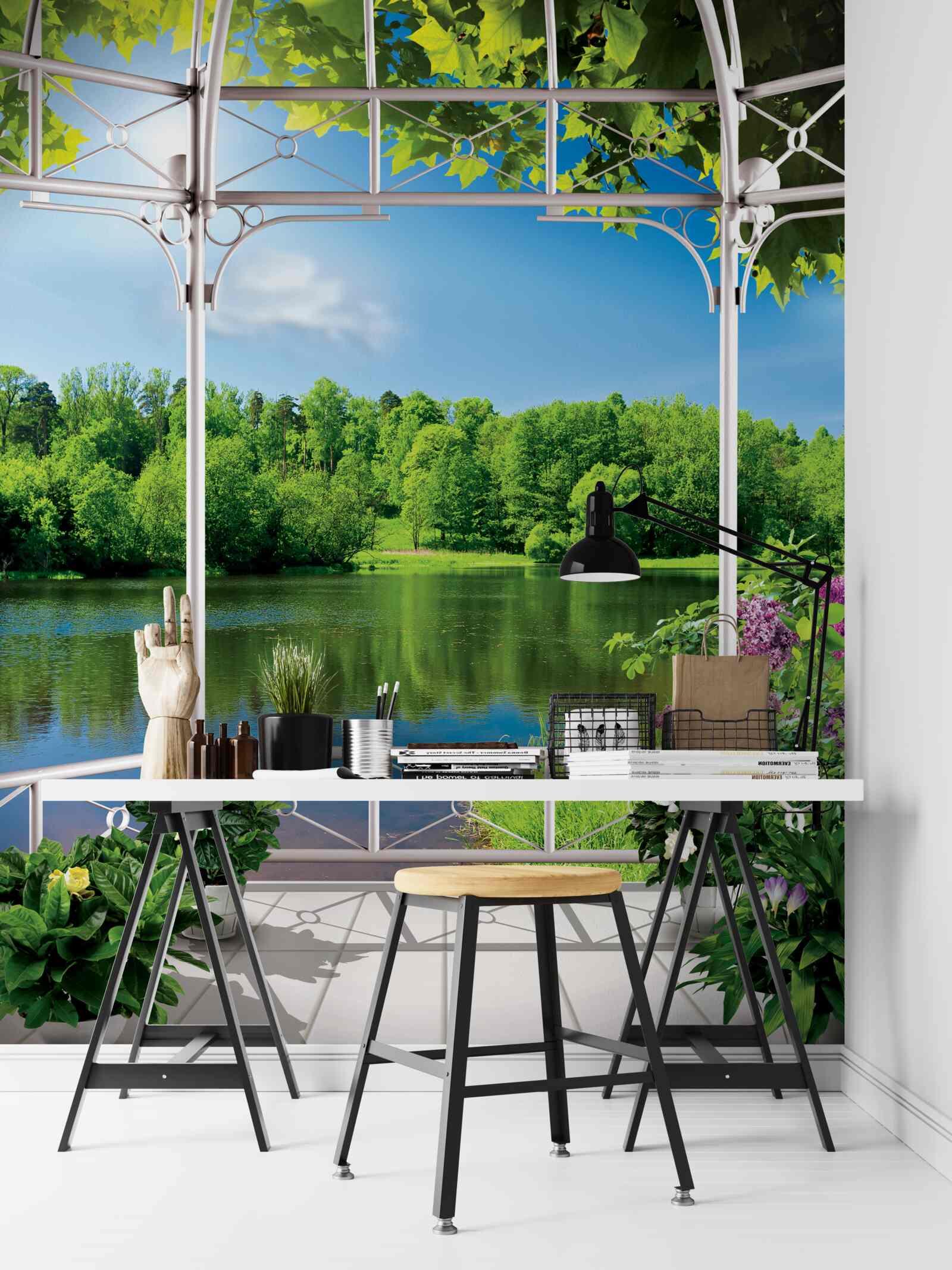 Papier peint pavillon avec plantes au bord de l'étang