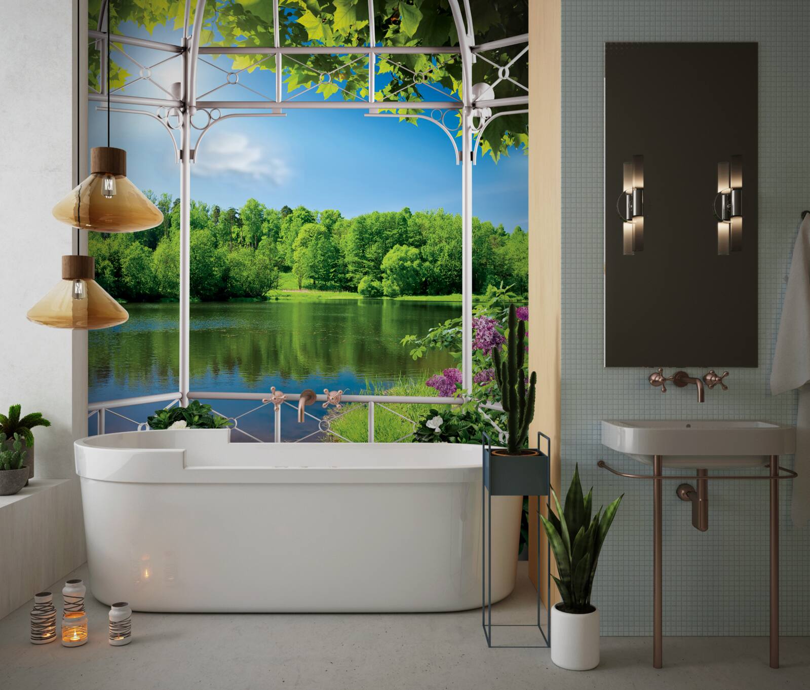 Papier peint pavillon avec plantes au bord de l'étang