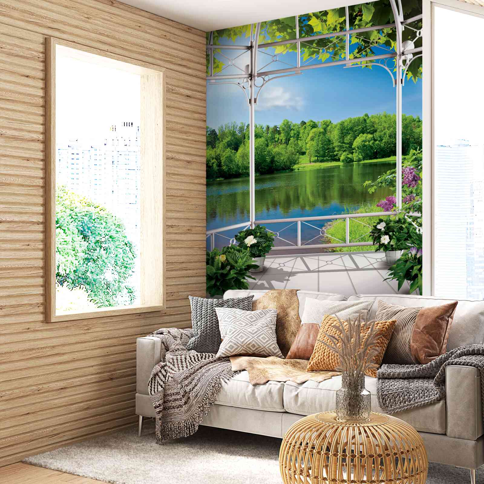 Papier peint pavillon avec plantes au bord de l'étang