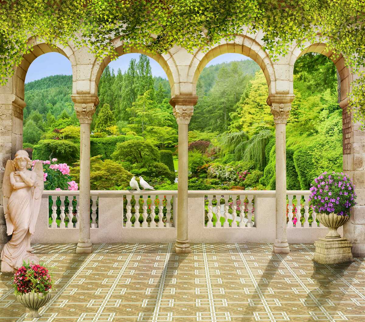 Papier peint balcon avec colonnes arquées