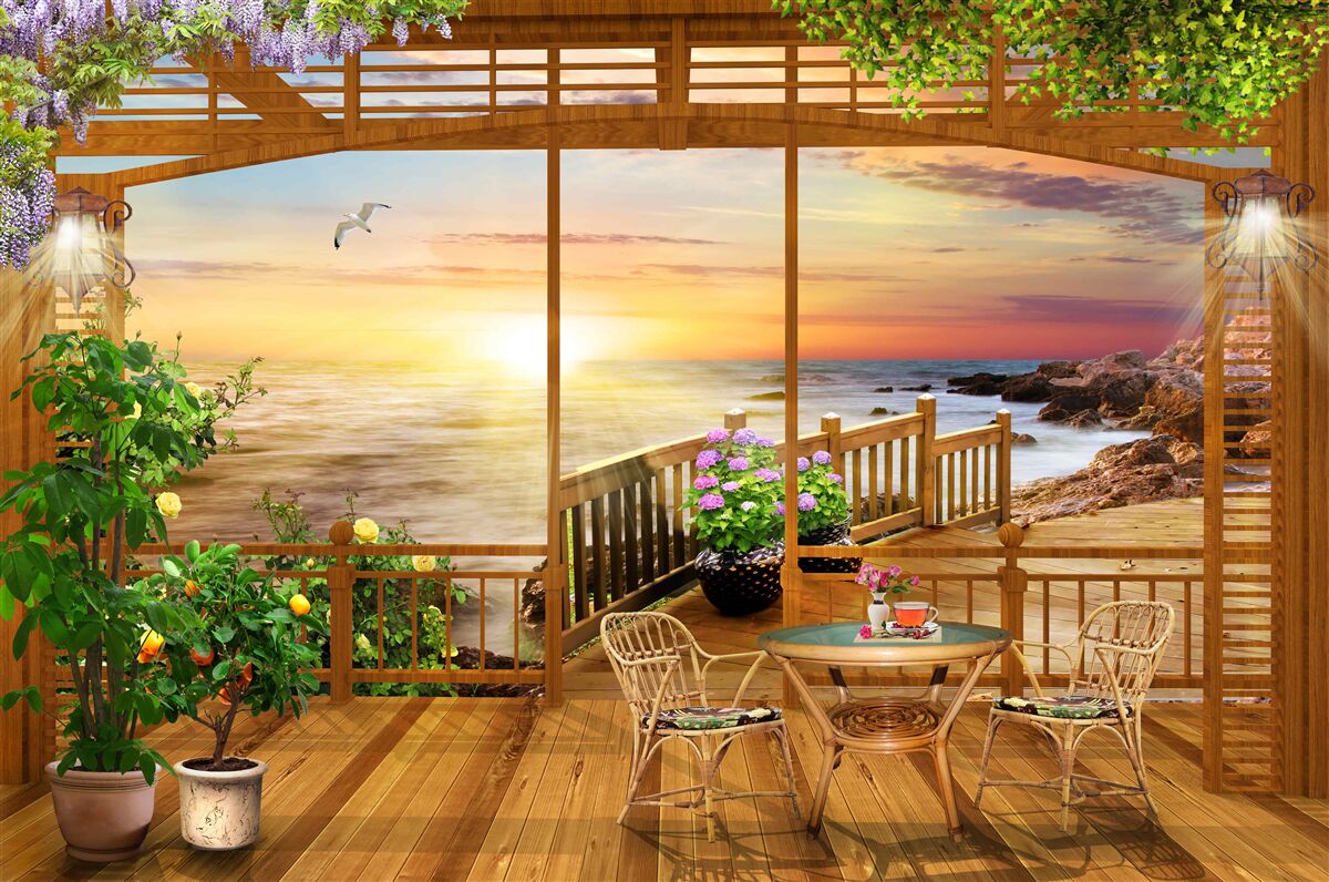 Papier peint terrasse avec vue sur la mer