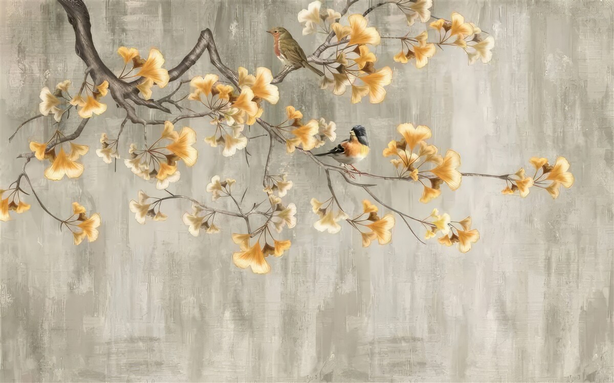 Papier peint oiseaux posés sur une branche avec des fleurs jaunes