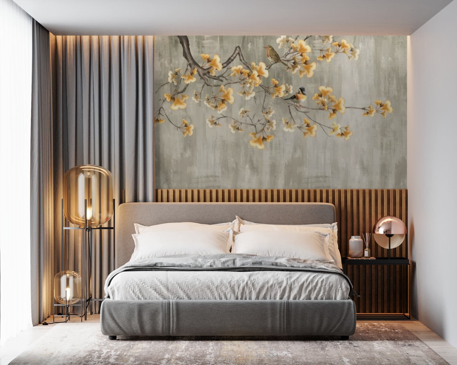 Papier peint oiseaux posés sur une branche avec des fleurs jaunes