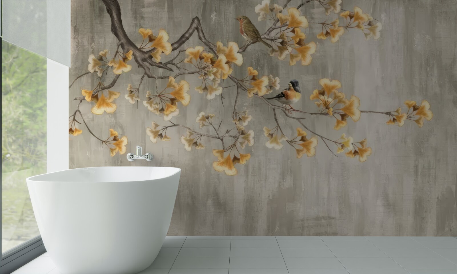 Papier peint oiseaux posés sur une branche avec des fleurs jaunes