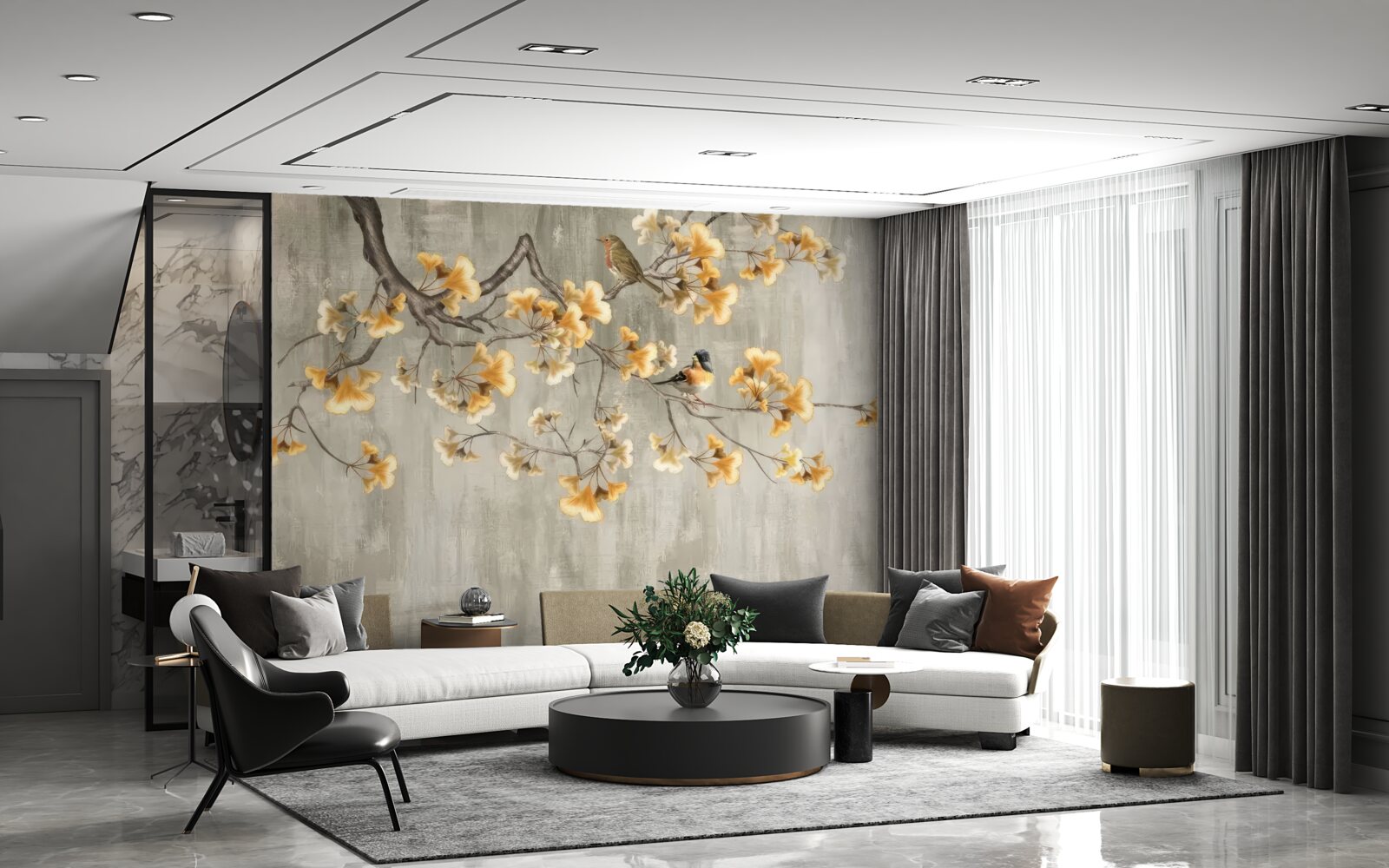 Papier peint oiseaux posés sur une branche avec des fleurs jaunes