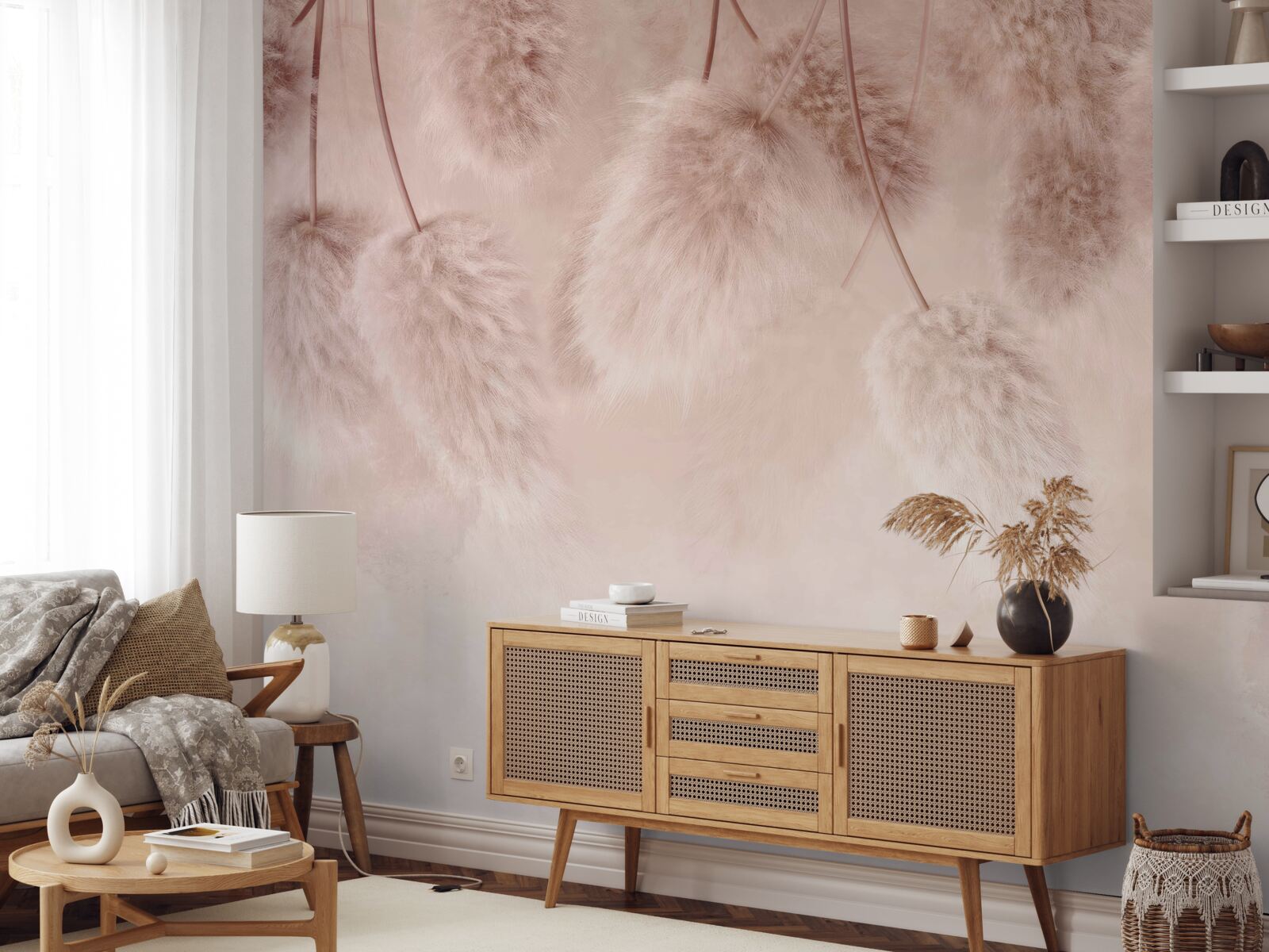 Papier peint fleurs séchées sur fond rose