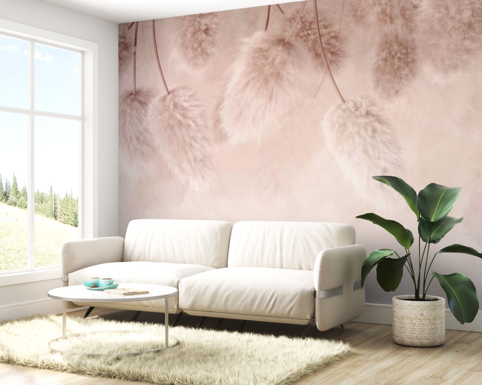 Papier peint fleurs séchées sur fond rose