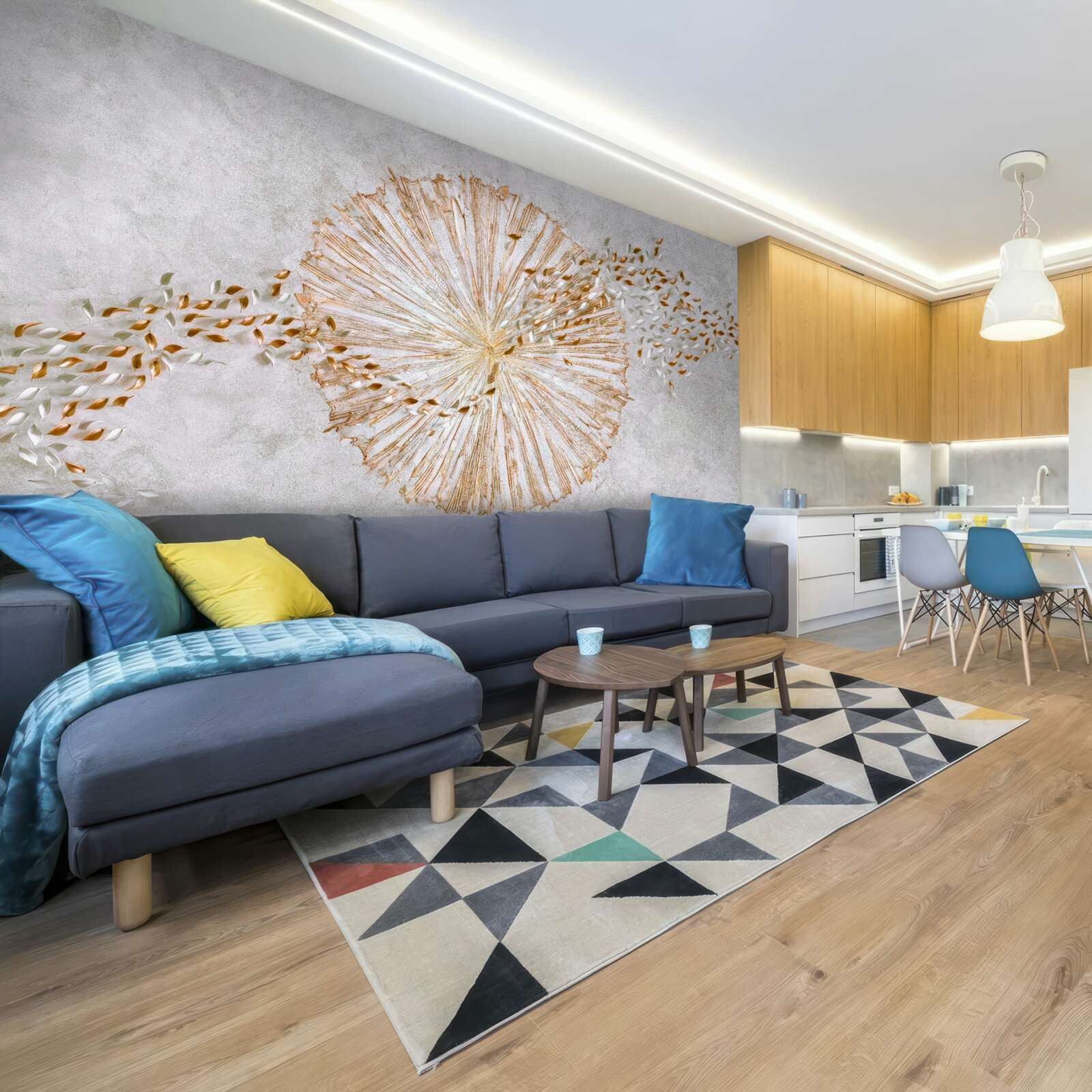 Papier peint cercle d'or et pétales flottants