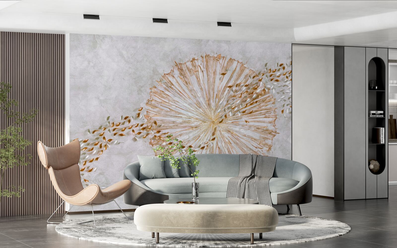 Papier peint cercle d'or et pétales flottants