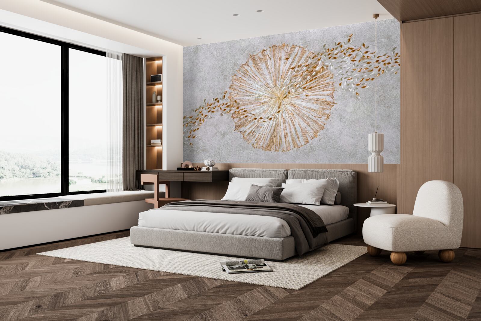 Papier peint cercle d'or et pétales flottants