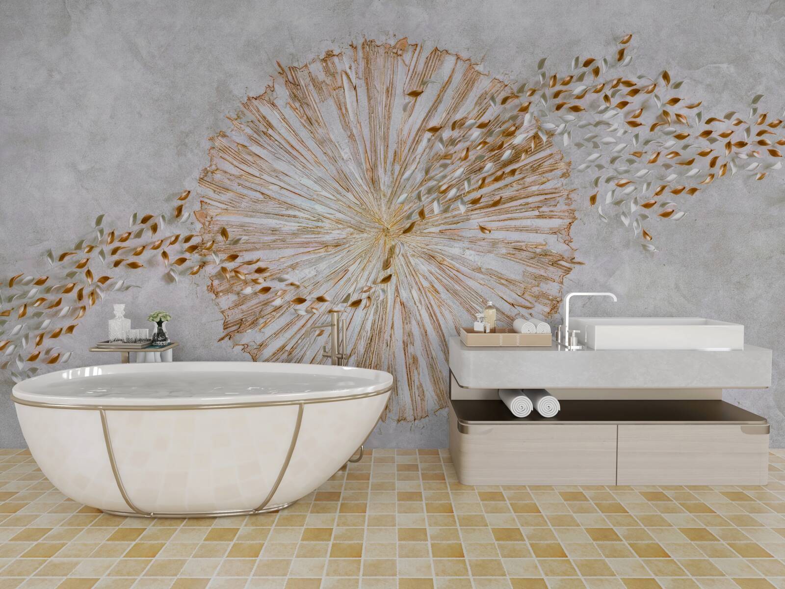 Papier peint cercle d'or et pétales flottants