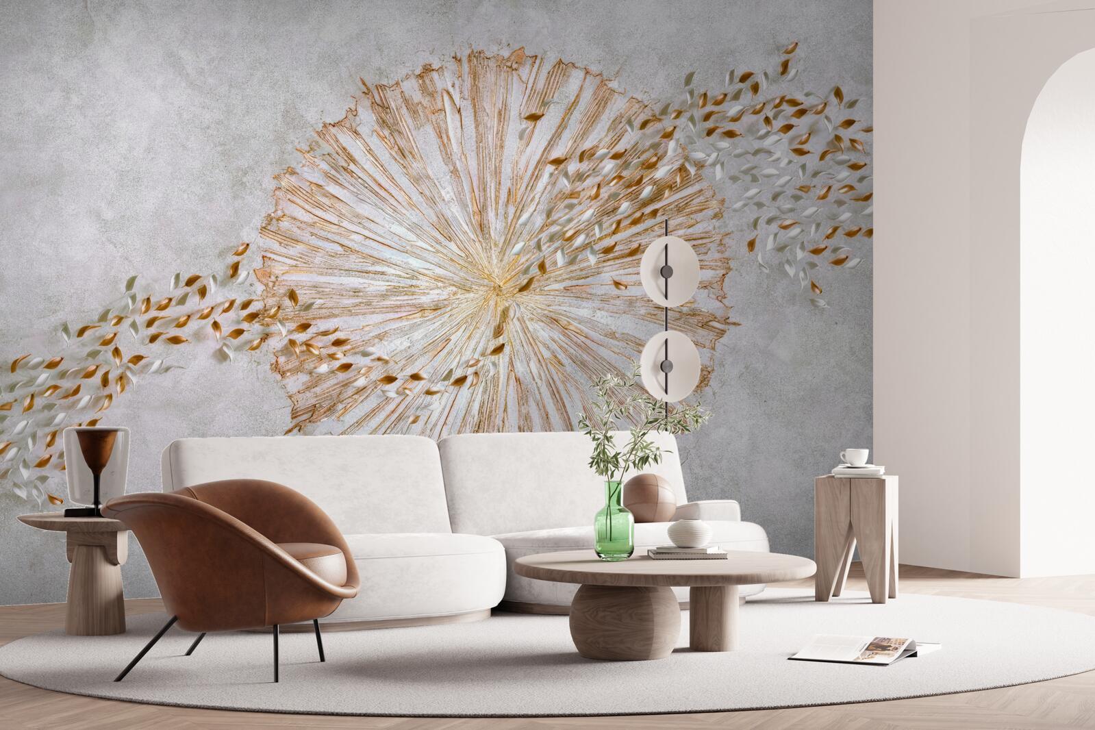 Papier peint cercle d'or et pétales flottants