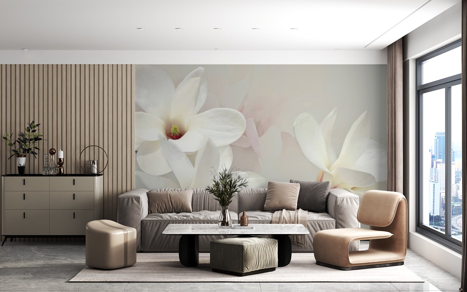 Papier peint grandes fleurs blanches en pleine floraison