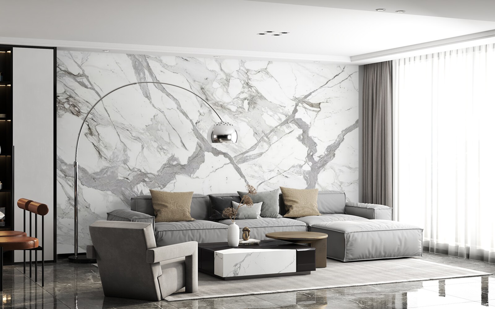 Papier peint marbre blanc teinté de gris