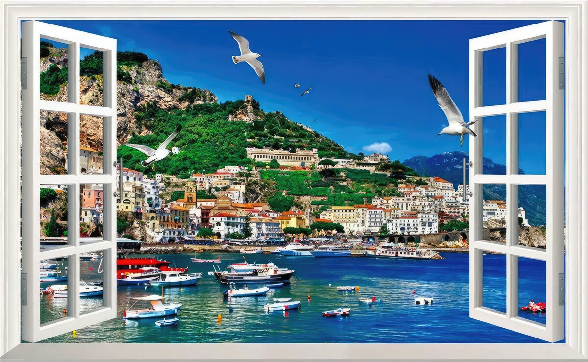 Papier peint vue panoramique sur la mer et la ville depuis la fenêtre