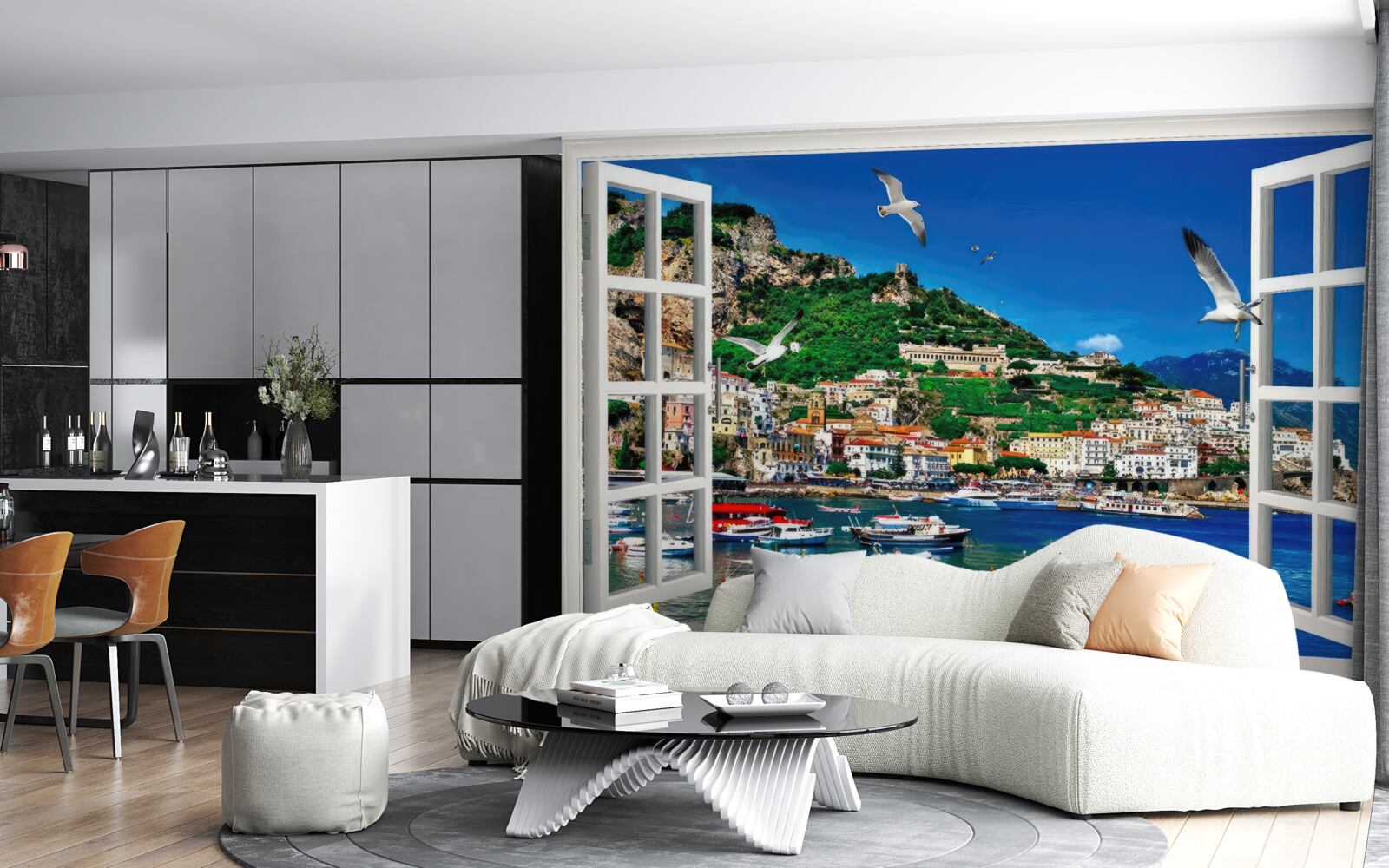 Papier peint vue panoramique sur la mer et la ville depuis la fenêtre