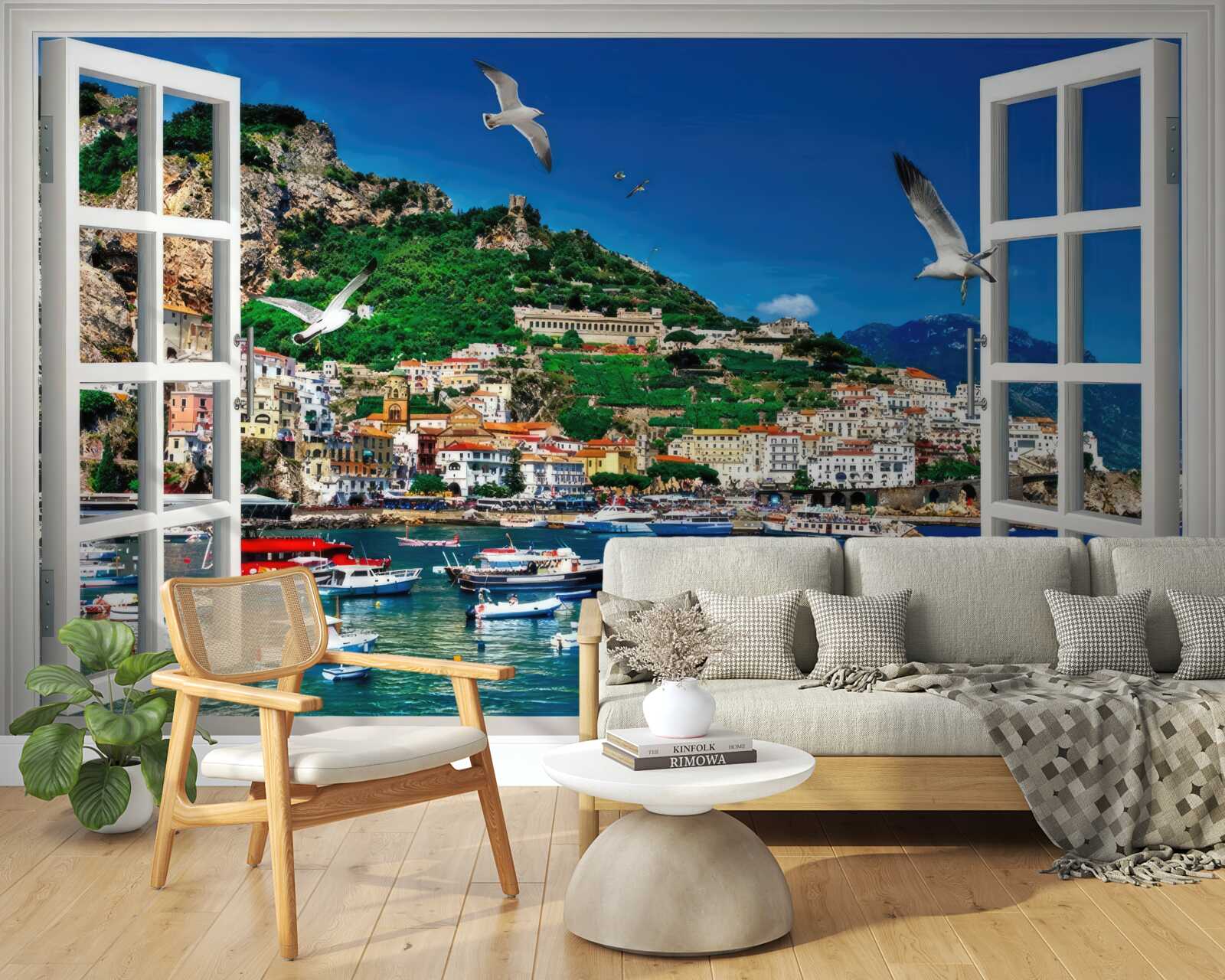 Papier peint vue panoramique sur la mer et la ville depuis la fenêtre