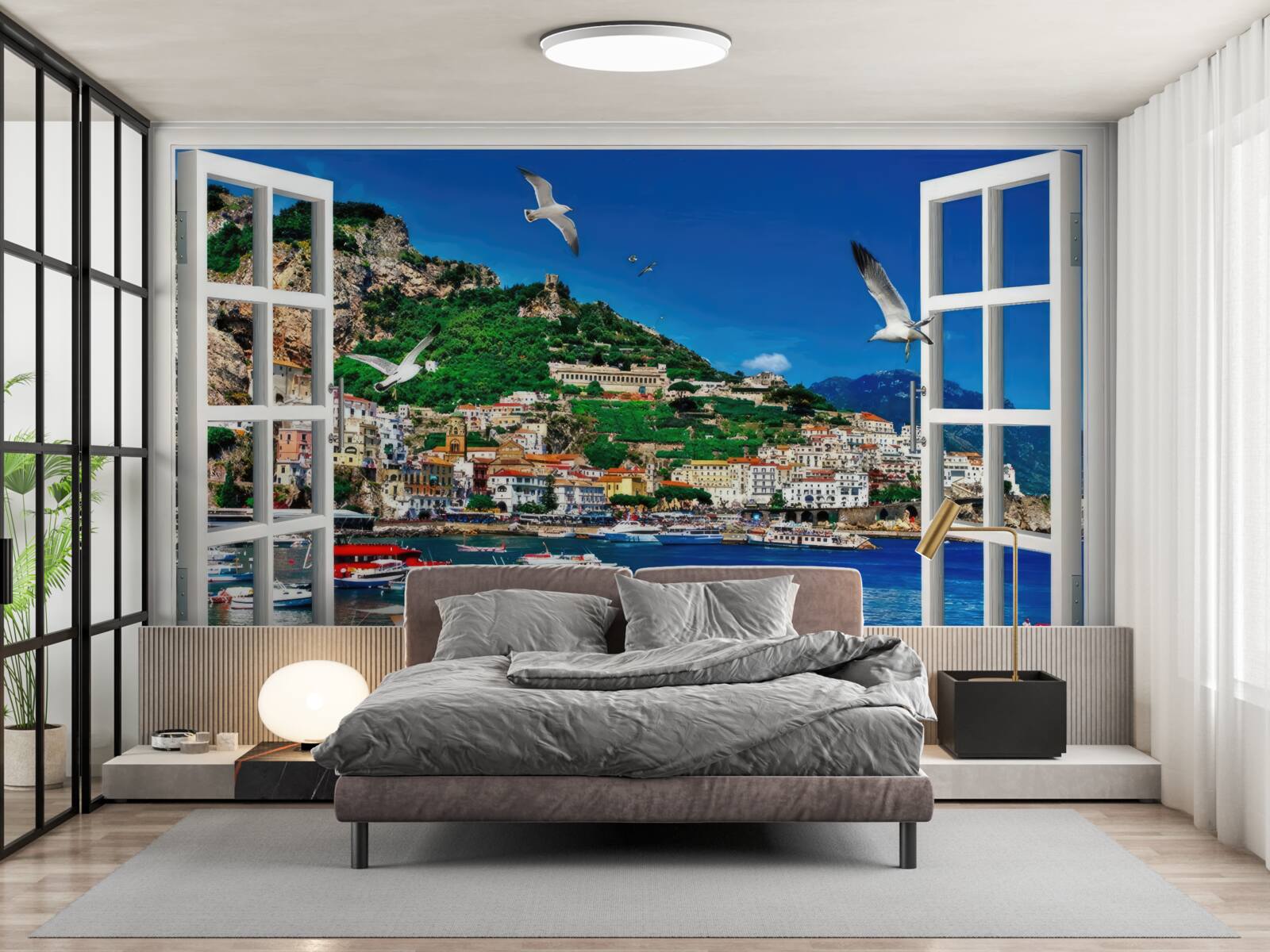 Papier peint vue panoramique sur la mer et la ville depuis la fenêtre