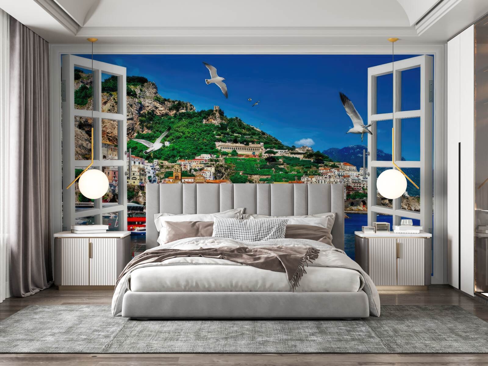 Papier peint vue panoramique sur la mer et la ville depuis la fenêtre