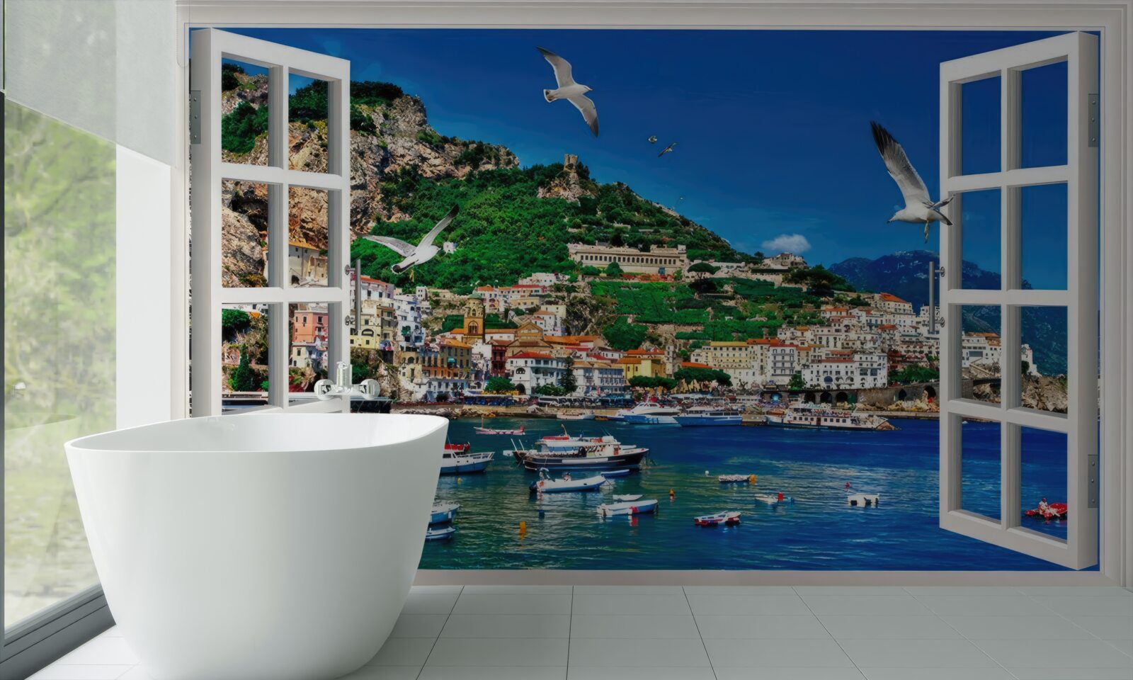 Papier peint vue panoramique sur la mer et la ville depuis la fenêtre