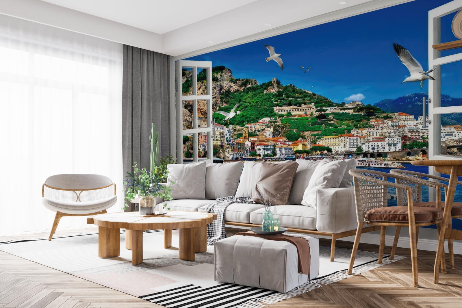 Papier peint vue panoramique sur la mer et la ville depuis la fenêtre