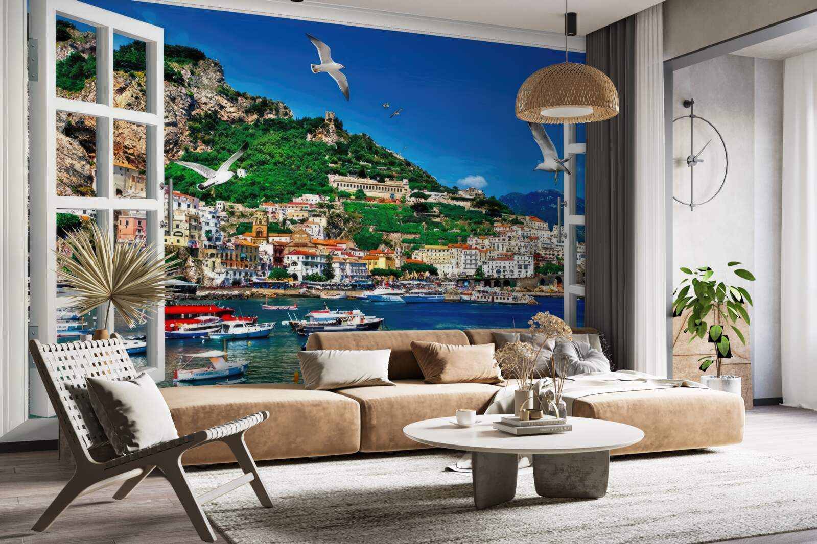 Papier peint vue panoramique sur la mer et la ville depuis la fenêtre