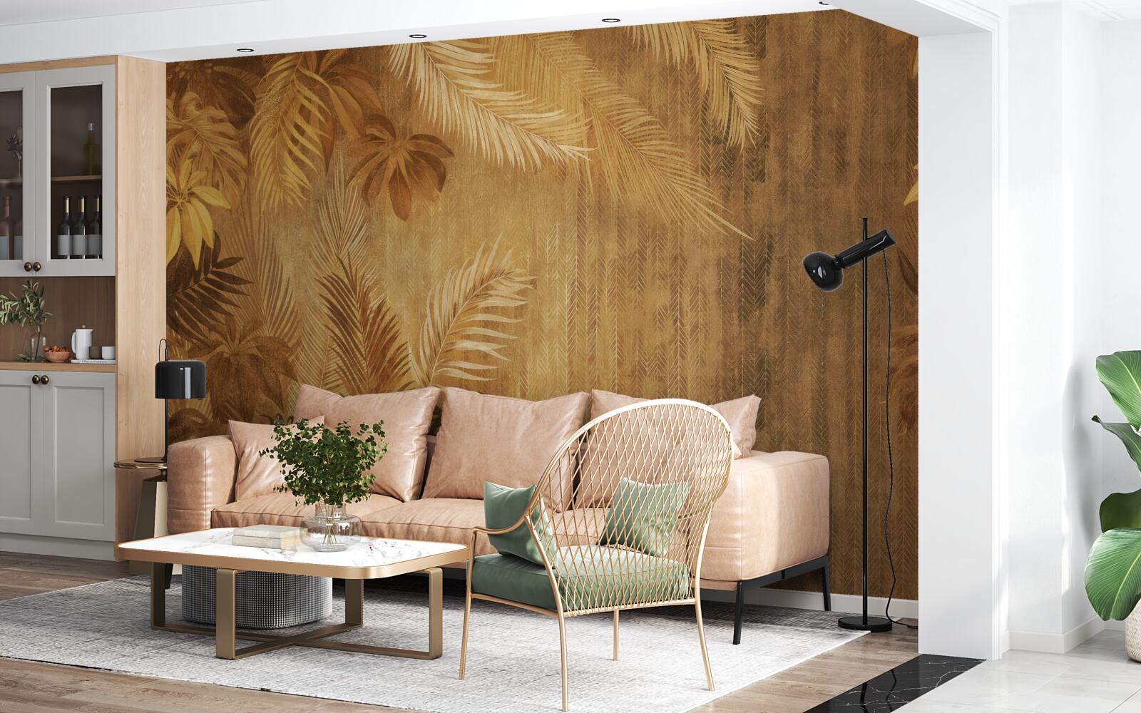 Papier peint feuilles brunes et mur