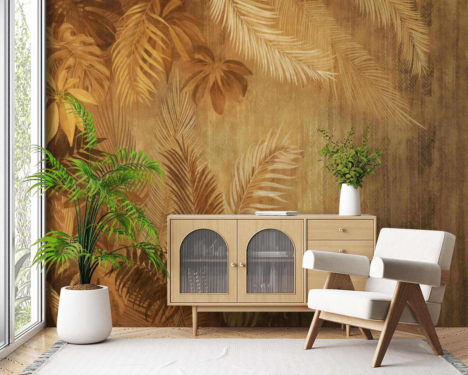 Papier peint feuilles brunes et mur