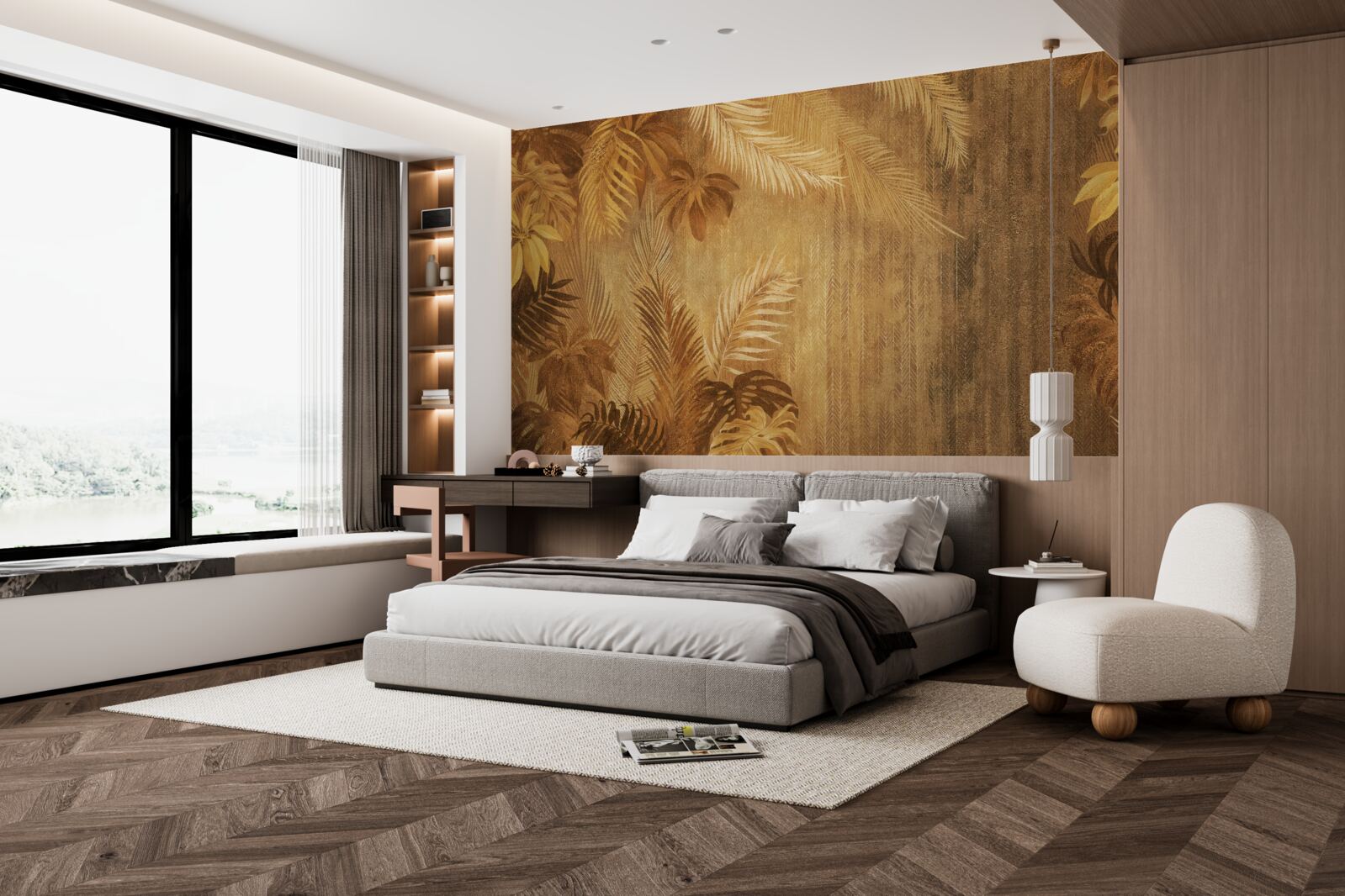 Papier peint feuilles brunes et mur