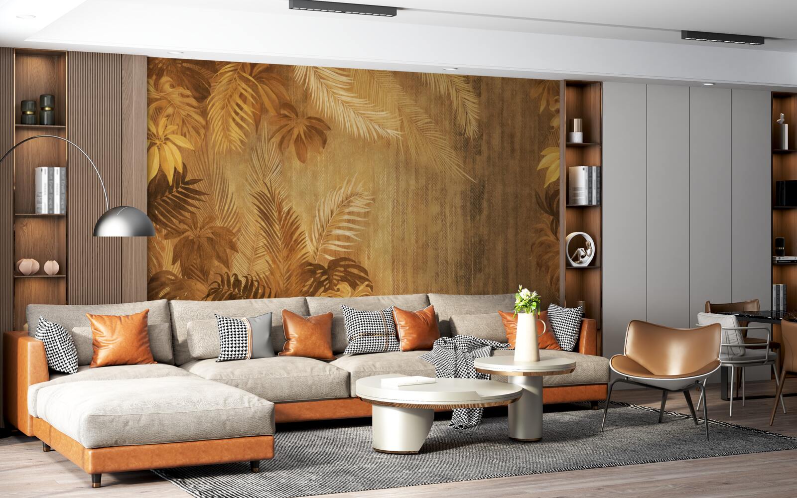 Papier peint feuilles brunes et mur