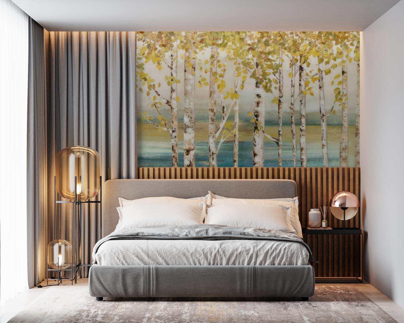 Papier peint des arbres aux feuilles jaunes se dressent près de l'eau