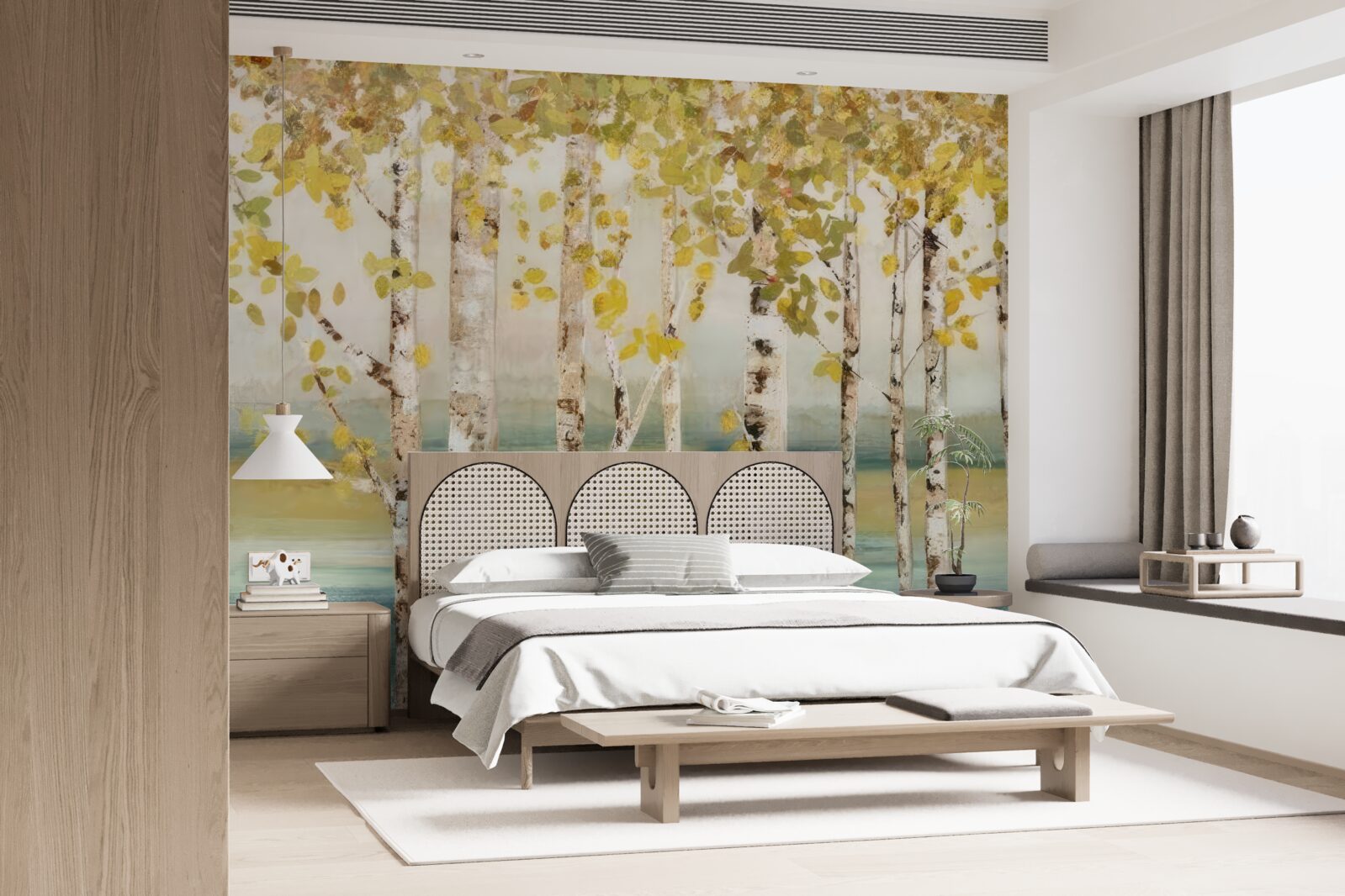 Papier peint des arbres aux feuilles jaunes se dressent près de l'eau