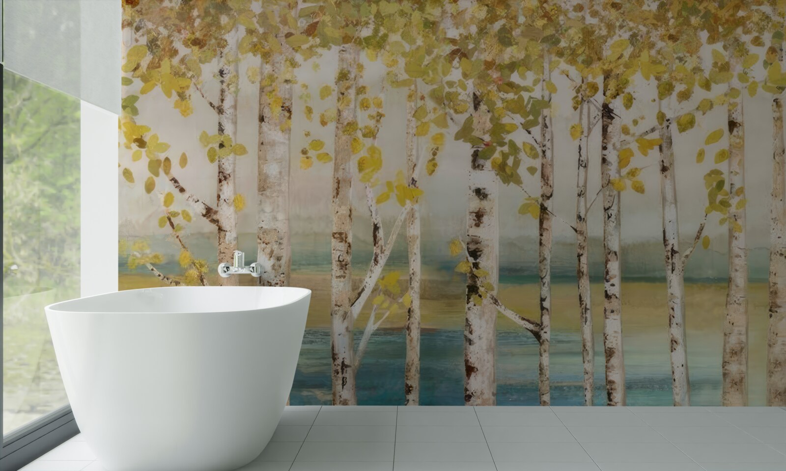 Papier peint des arbres aux feuilles jaunes se dressent près de l'eau