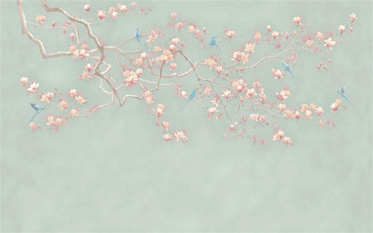 Papier peint branche avec fleurs et myrtilles