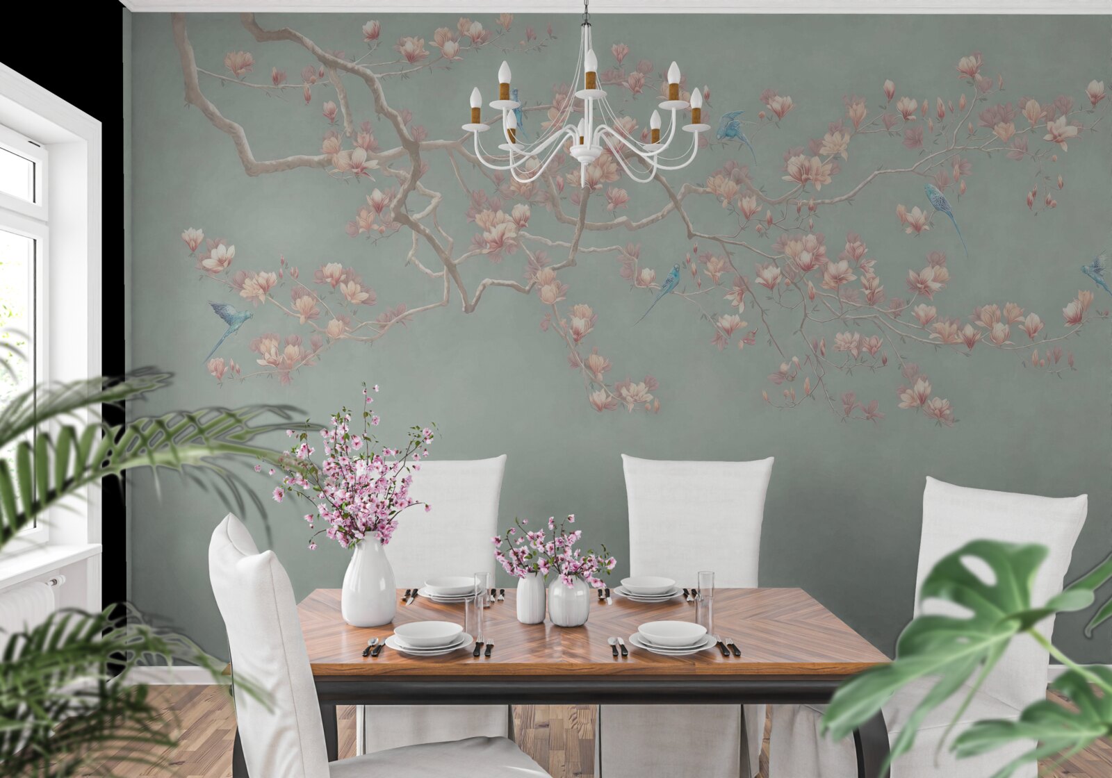 Papier peint branche avec fleurs et myrtilles