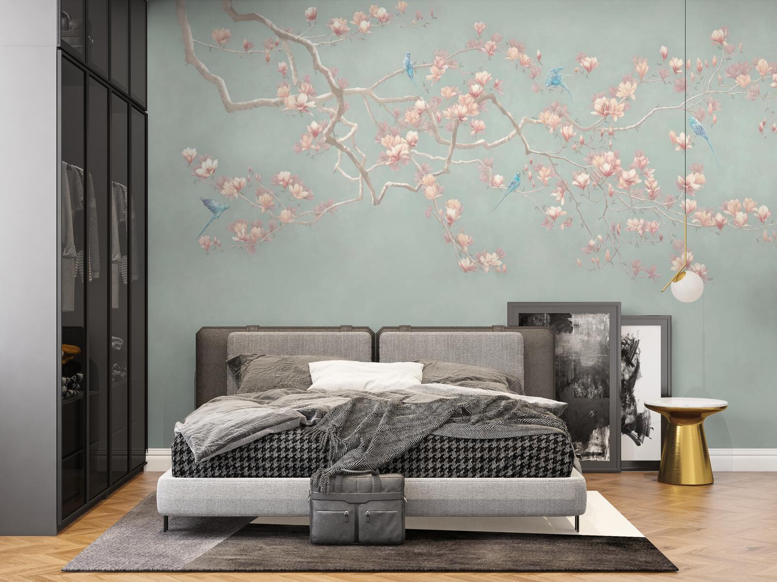 Papier peint branche avec fleurs et myrtilles