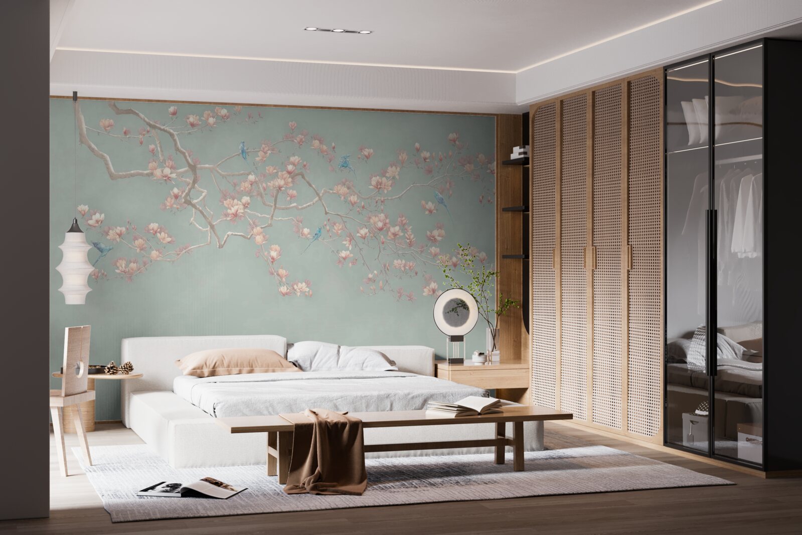 Papier peint branche avec fleurs et myrtilles