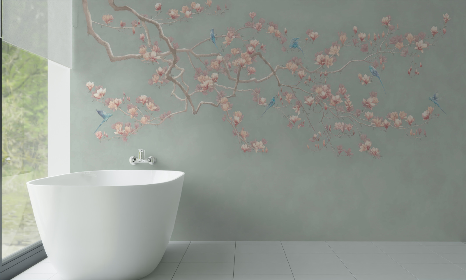 Papier peint branche avec fleurs et myrtilles