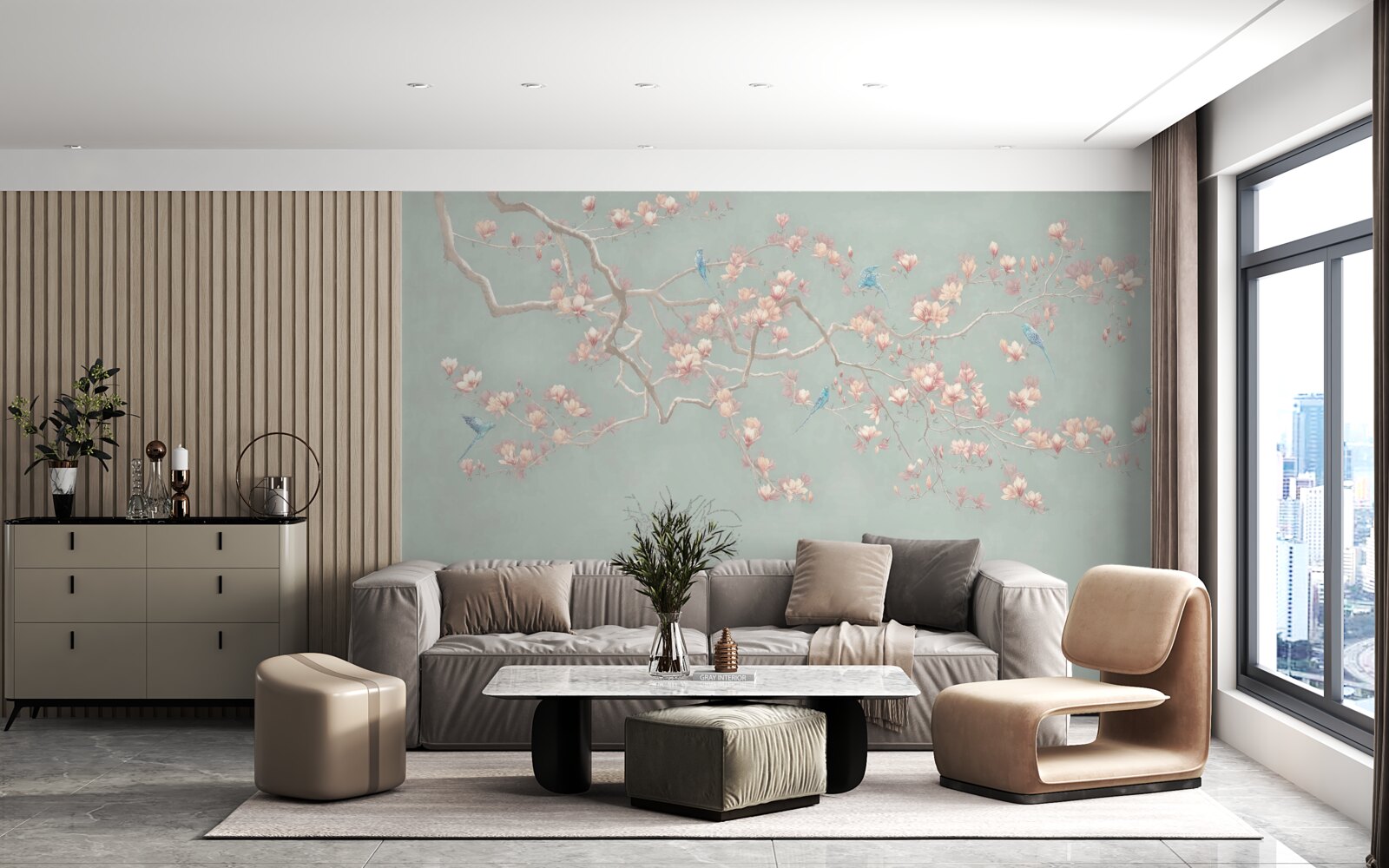 Papier peint branche avec fleurs et myrtilles