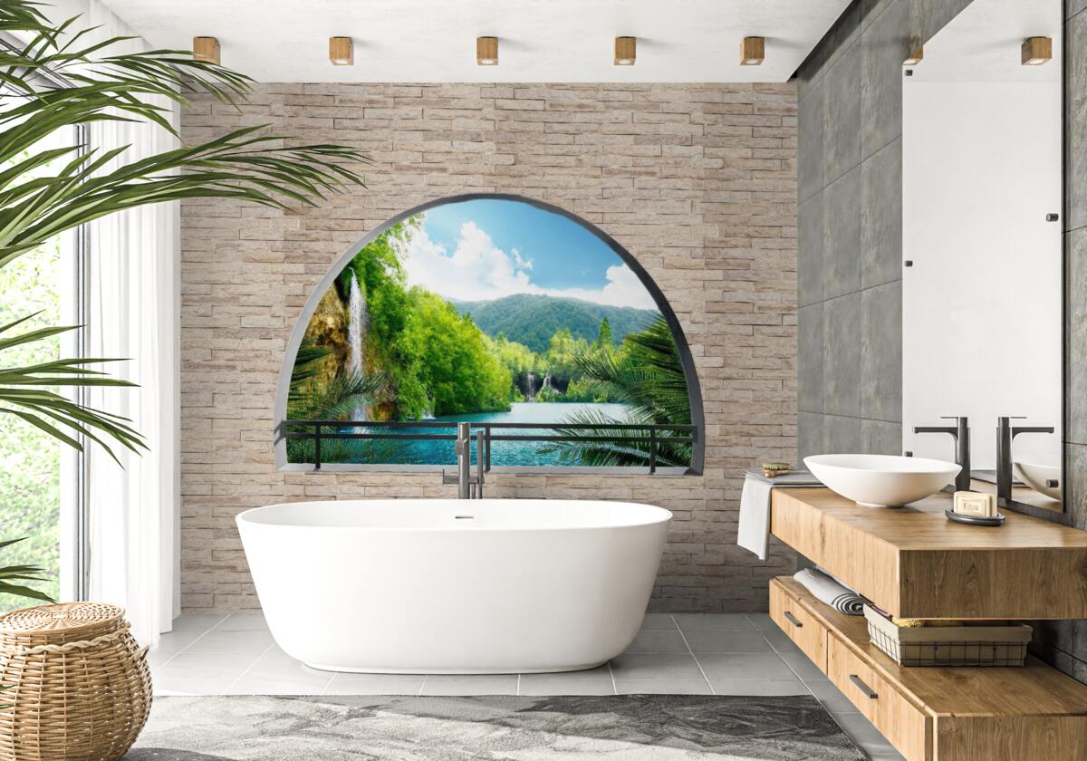 Papier peint un trou dans le mur offrant une vue pittoresque sur la nature