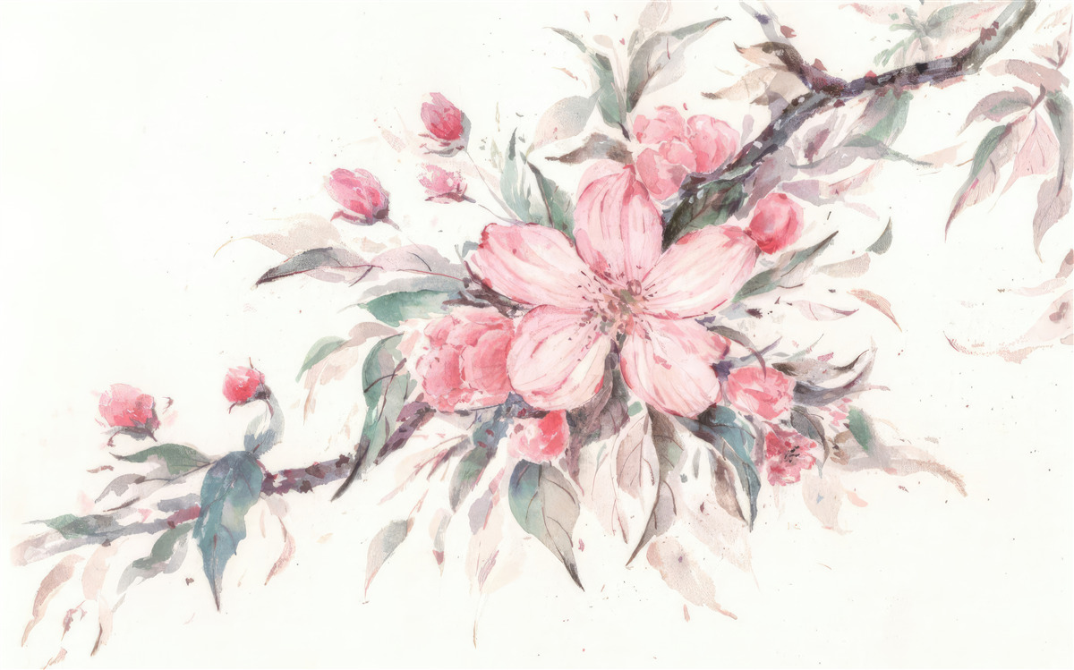 Papier peint branche avec une fleur rose épanouie