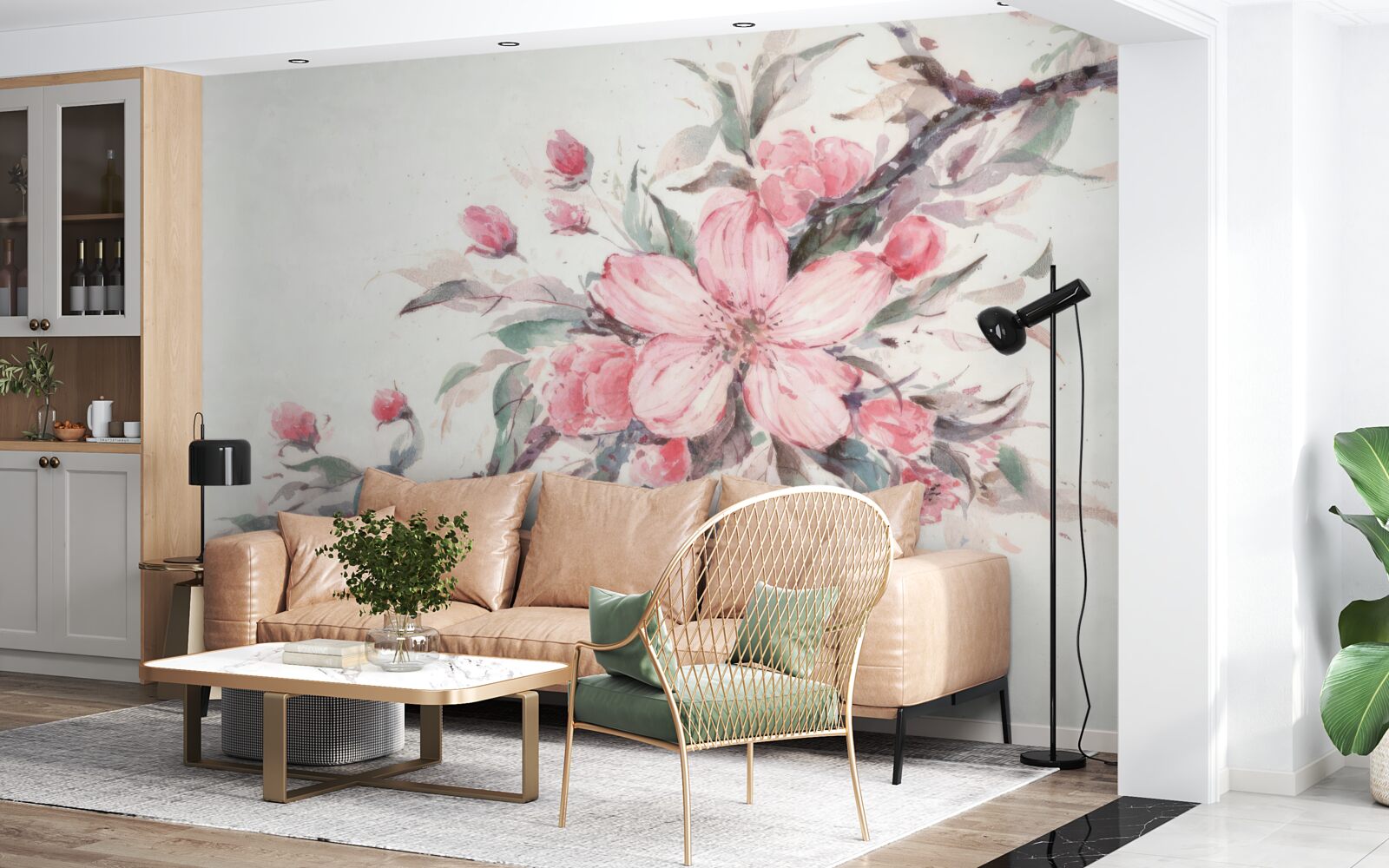 Papier peint branche avec une fleur rose épanouie