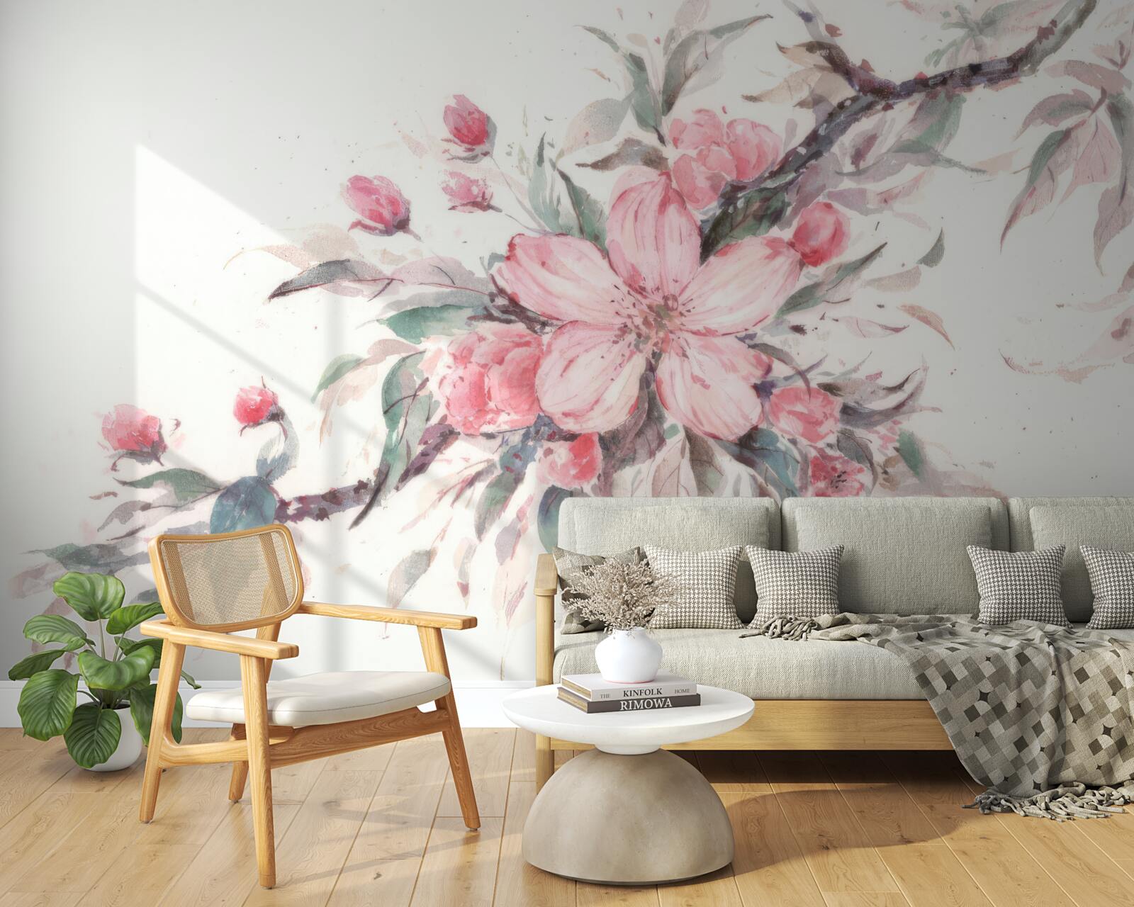 Papier peint branche avec une fleur rose épanouie