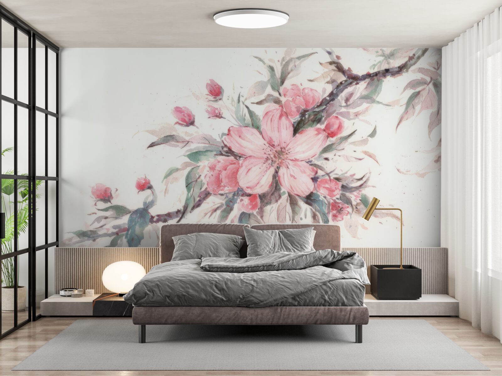 Papier peint branche avec une fleur rose épanouie