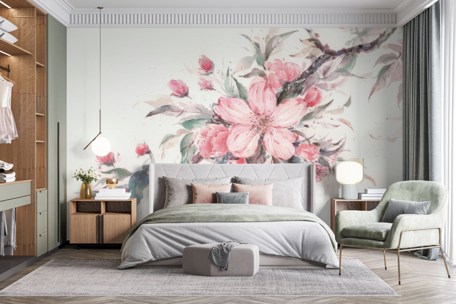 Papier peint branche avec une fleur rose épanouie